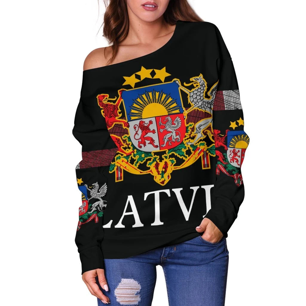 Latvia, United Women's Off Shoulder Sweater RLT6