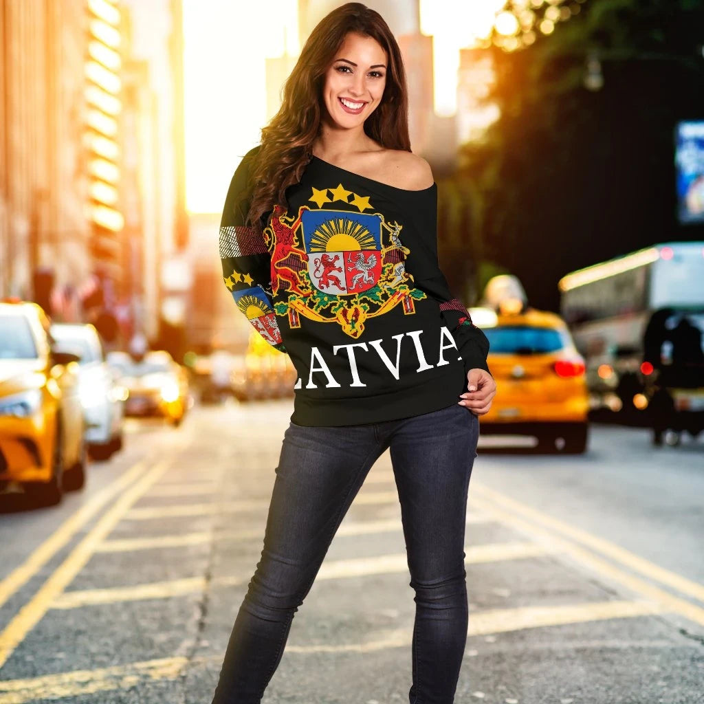 Latvia, United Women's Off Shoulder Sweater RLT6