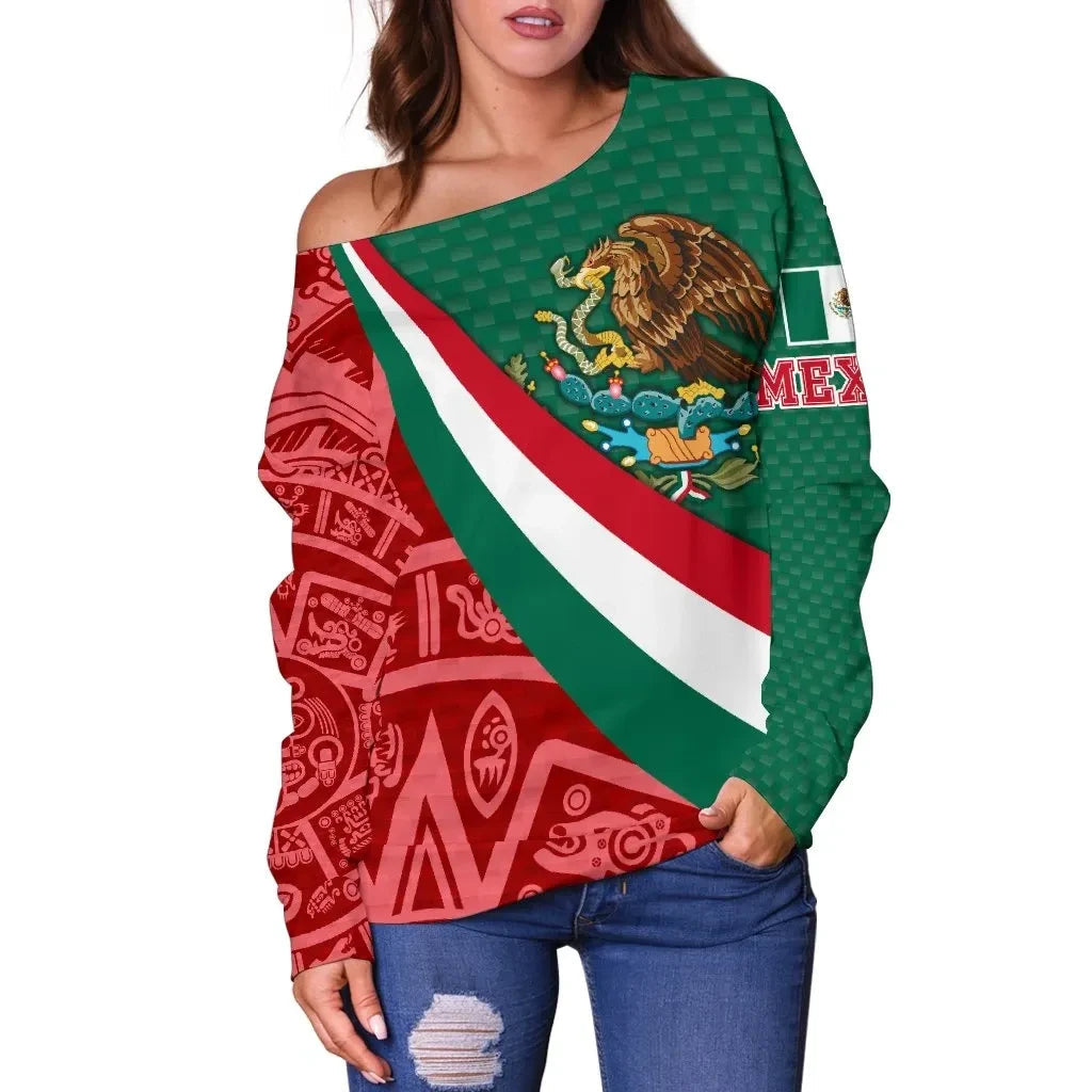 Mexico Women's Off Shoulder Sweater, Mexico Coat Of Arms With Aztec Patterns RLT13