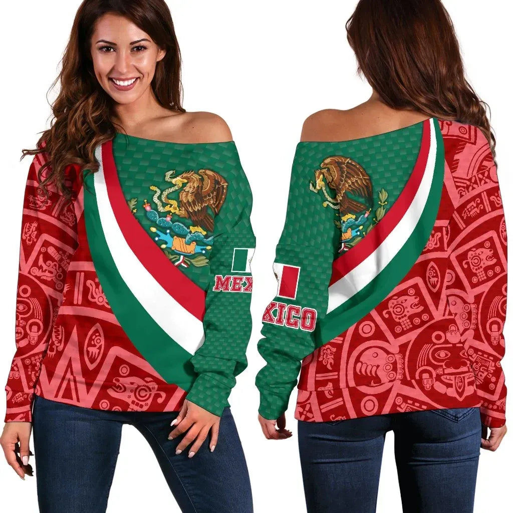 Mexico Women's Off Shoulder Sweater, Mexico Coat Of Arms With Aztec Patterns RLT13