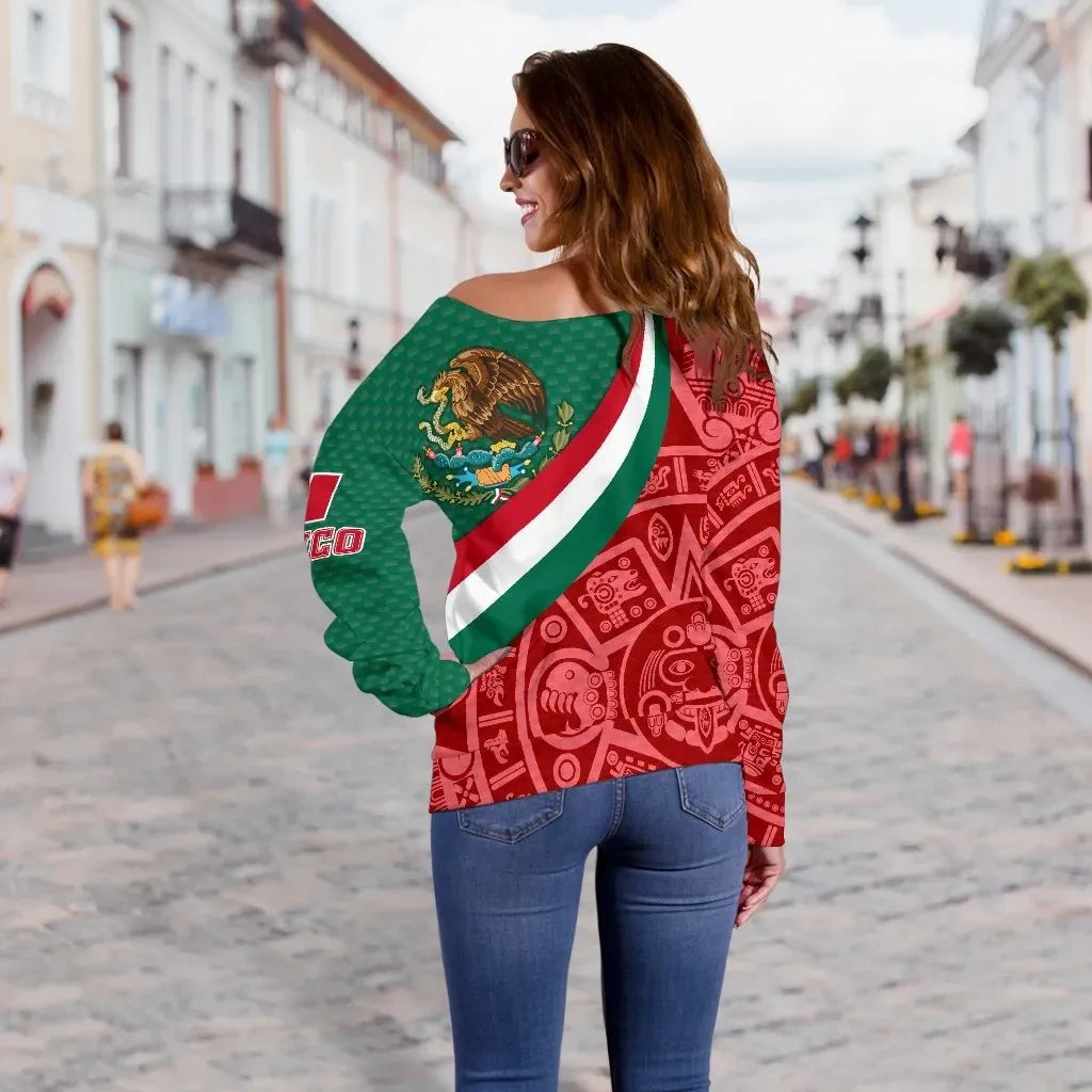 Mexico Women's Off Shoulder Sweater, Mexico Coat Of Arms With Aztec Patterns RLT13