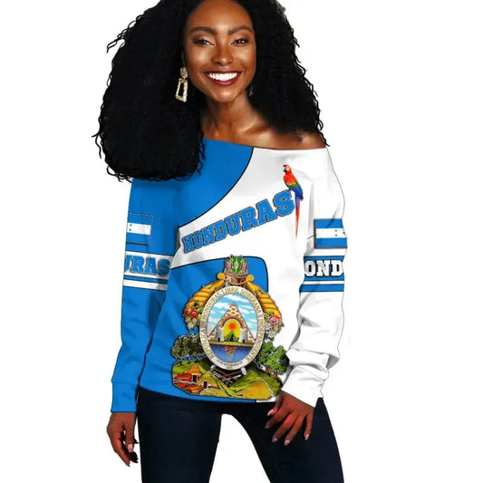 Honduras Off Shoulder Sweater, Flag and Coat of Arms RLT8