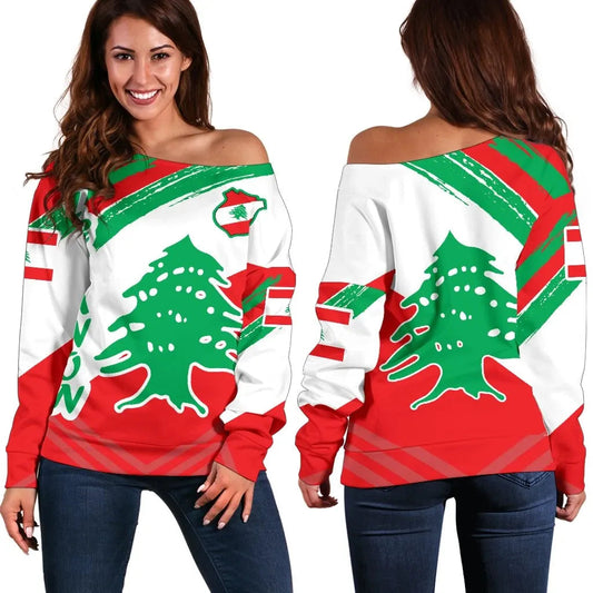 Lebanon Women's Off Shoulder Sweater, Lebanon Flag Polygon Style, RLT6