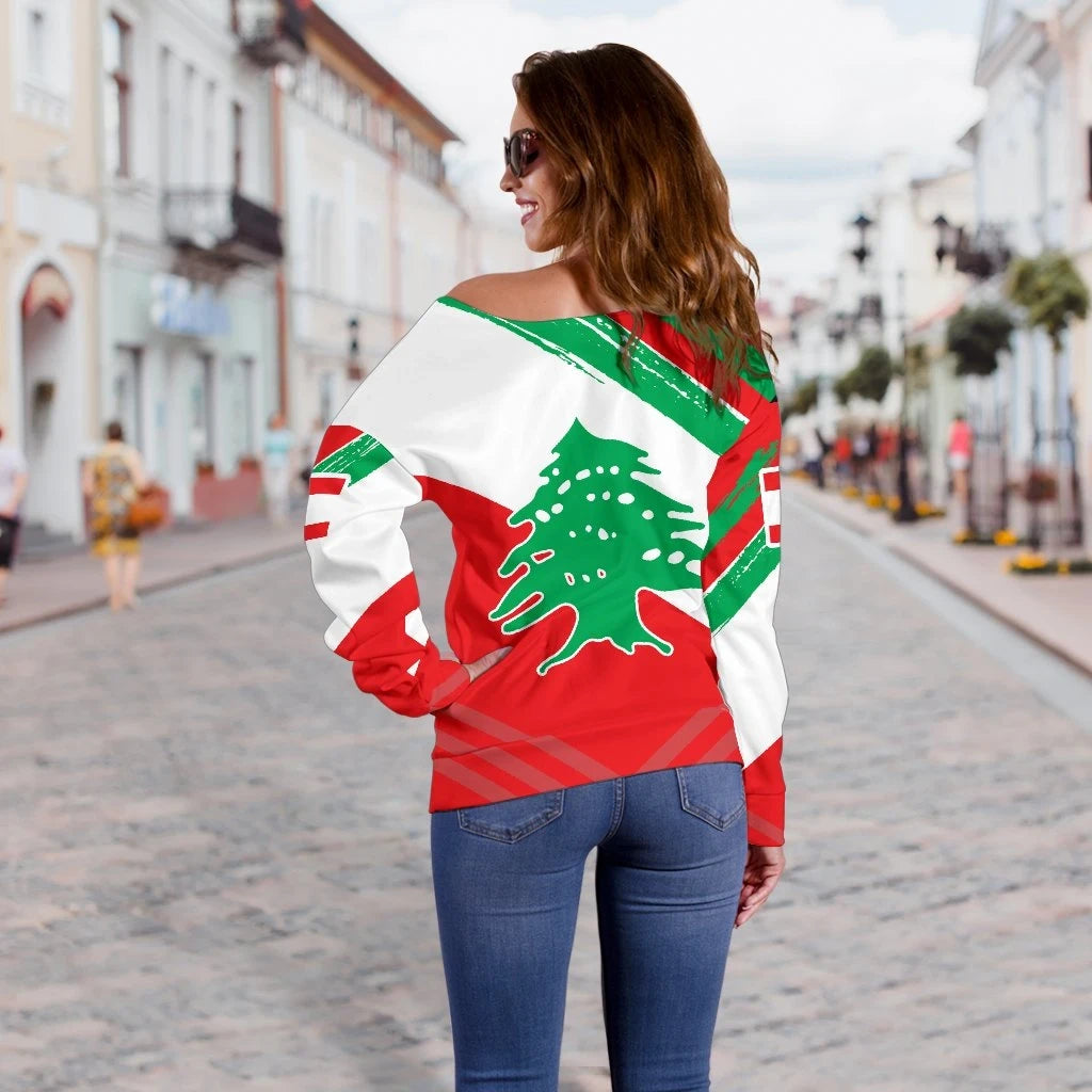 Lebanon Women's Off Shoulder Sweater, Lebanon Flag Polygon Style, RLT6