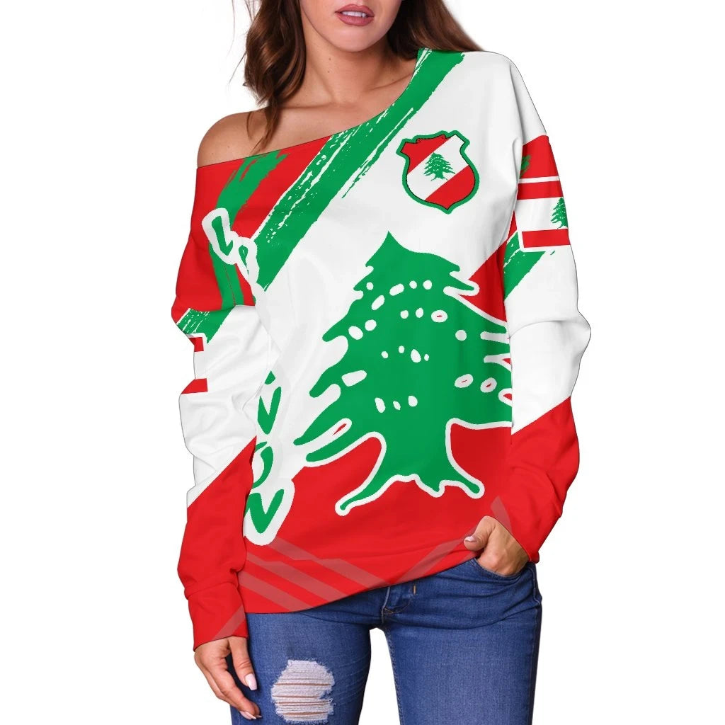 Lebanon Women's Off Shoulder Sweater, Lebanon Flag Polygon Style, RLT6