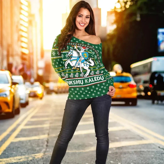 Lithuania Christmas Off Shoulder Sweater, Green RLT6