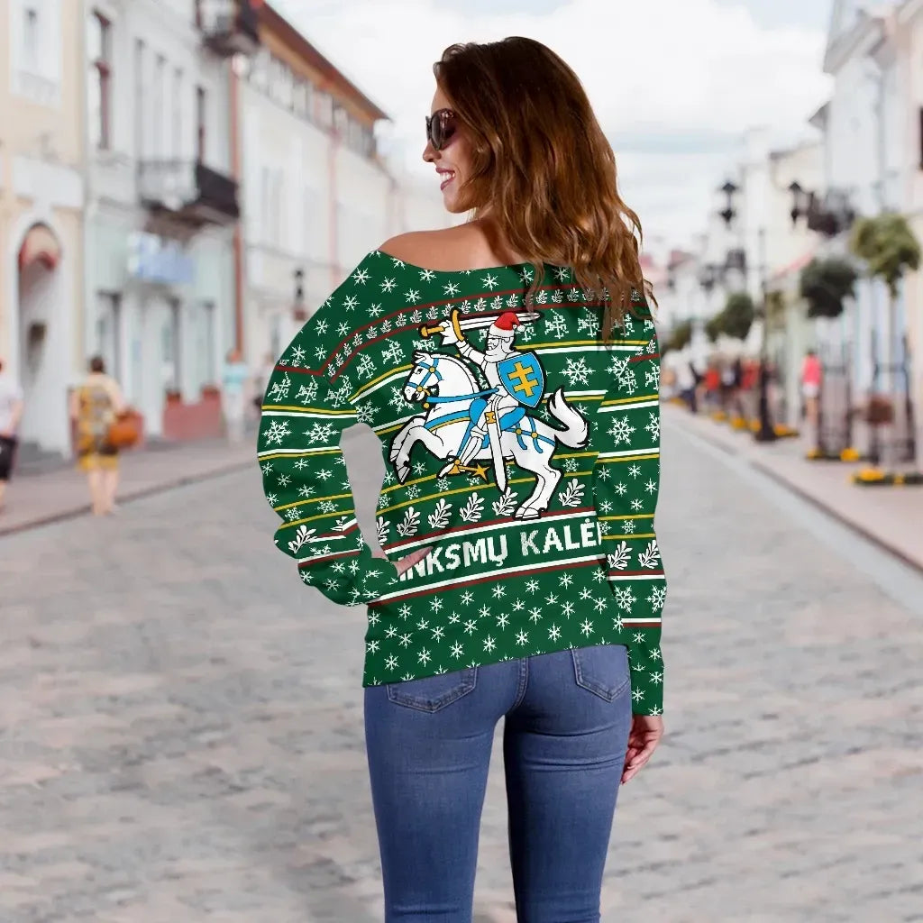 Lithuania Christmas Off Shoulder Sweater, Green RLT6