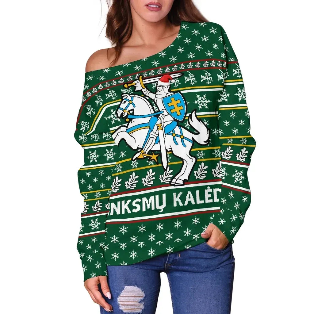 Lithuania Christmas Off Shoulder Sweater, Green RLT6