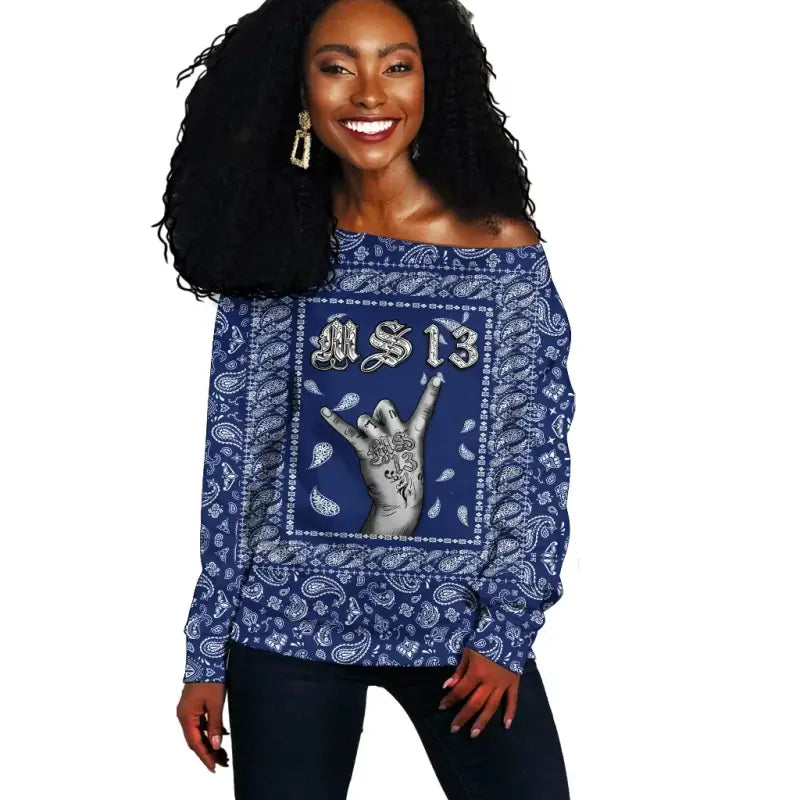 Off Shoulder Sweater Blue Bandana RLT8