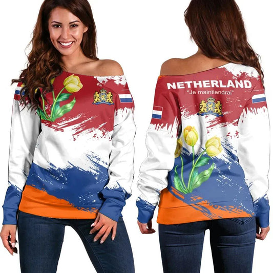 Netherlands Off Shoulder Sweater, Netherlands Flag Brush RLT7