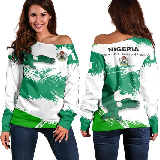 Nigeria Off Shoulder Sweater Nigeria Flag Brush RLT8