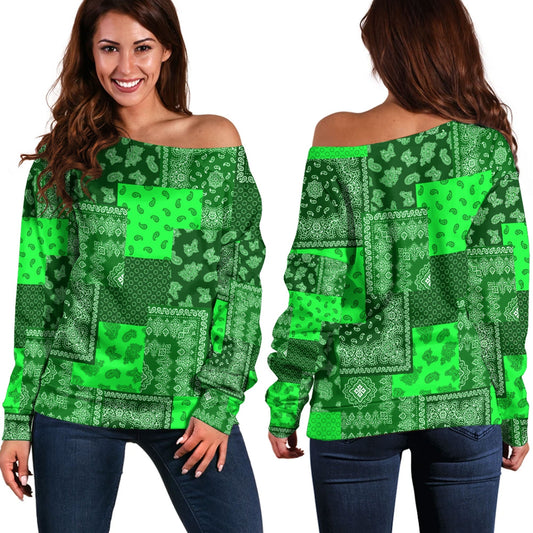 Paisley Bandana Pattern Seamless Green Off Shoulder Sweaters Ver.02 RLT13