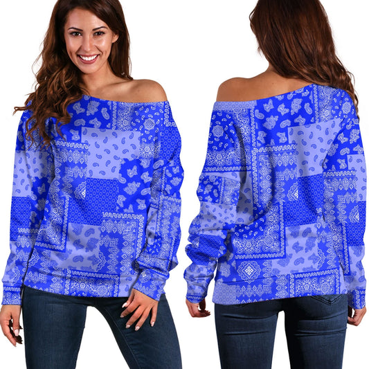 Paisley Bandana Pattern Seamless Blue Off Shoulder Sweaters RLT13