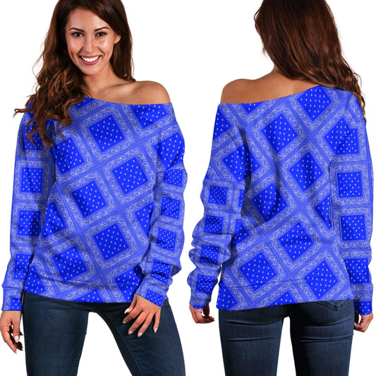Paisley Bandana Pattern Seamless Blue Off Shoulder Sweaters Ver.03 RLT13