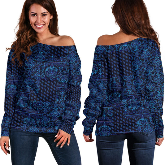 Paisley Bandana Pattern Seamless Blue Off Shoulder Sweaters Ver.02 RLT13