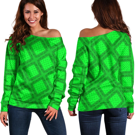 Paisley Bandana Pattern Seamless Green Off Shoulder Sweaters RLT13