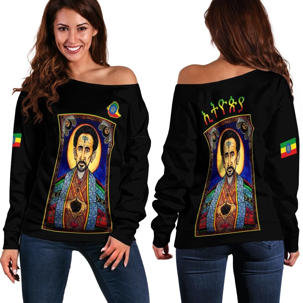 Ethiopia Proud Off Shoulder Sweater Haile Selassie I LT13