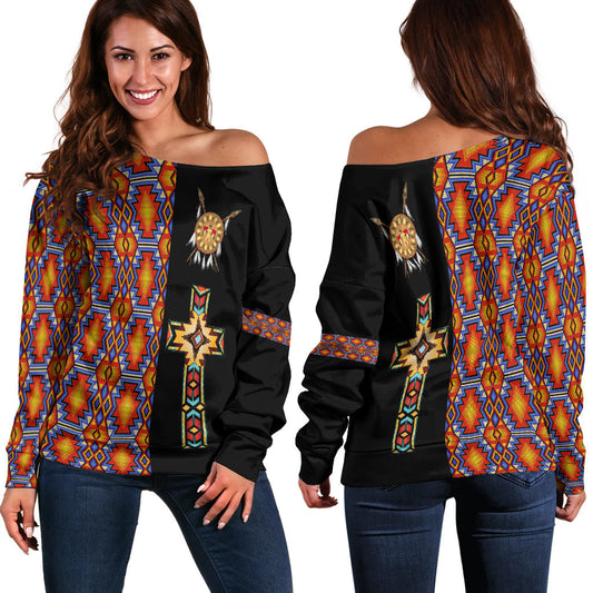 Native American Navajo Cross Heritage Women Off Shoulder Sweater LT12