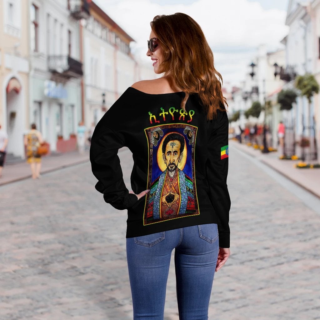 Ethiopia Proud Off Shoulder Sweater Haile Selassie I LT13