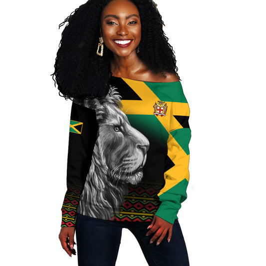 Jamaica Lion Off Shoulder Sweater Jamaican Pattern Version Black LT13