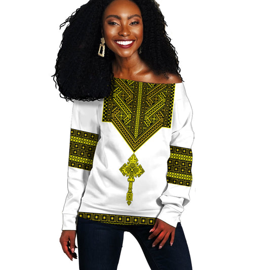 Ethiopia Tibeb Off Shoulder Sweater Royal Ethiopian Cross LT13