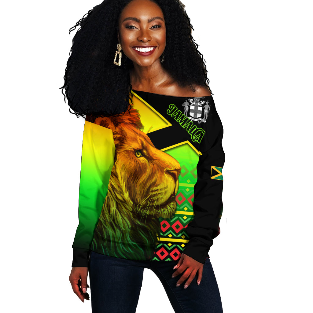 Jamaica Lion Off Shoulder Sweater Jamaican Pattern Version Reggae Colors LT13