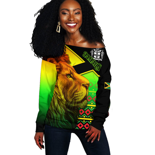 Jamaica Lion Off Shoulder Sweater Jamaican Pattern Version Reggae Colors LT13