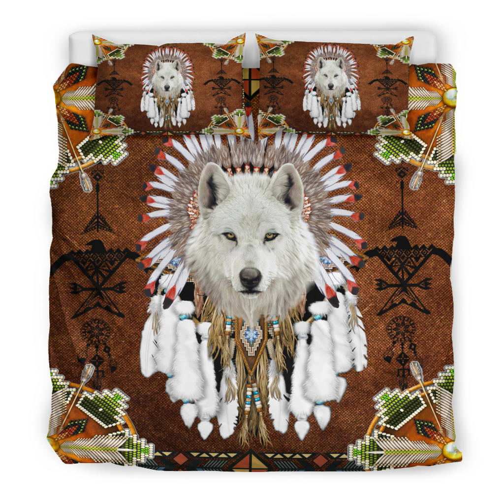 Native American White Wolf With Headress Feathers Bedding Set LT10
