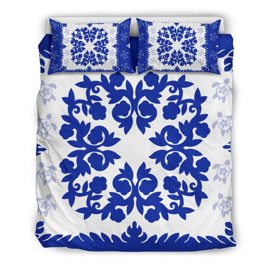 Hawaii Bedding Set - Hawaiian Quilt Plumeria Medallion Blue Bedding Set - AH