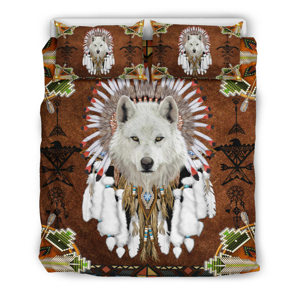 Native American White Wolf With Headress Feathers Bedding Set LT10