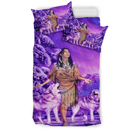 Native American Girl and Wolf Purple Bedding Set LT10