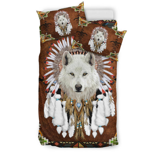 Native American White Wolf With Headress Feathers Bedding Set LT10
