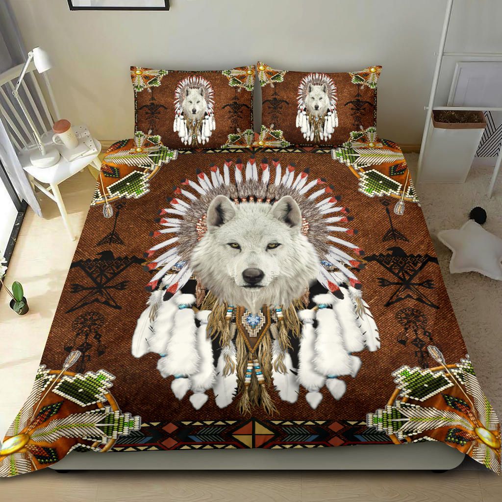 Native American White Wolf With Headress Feathers Bedding Set LT10