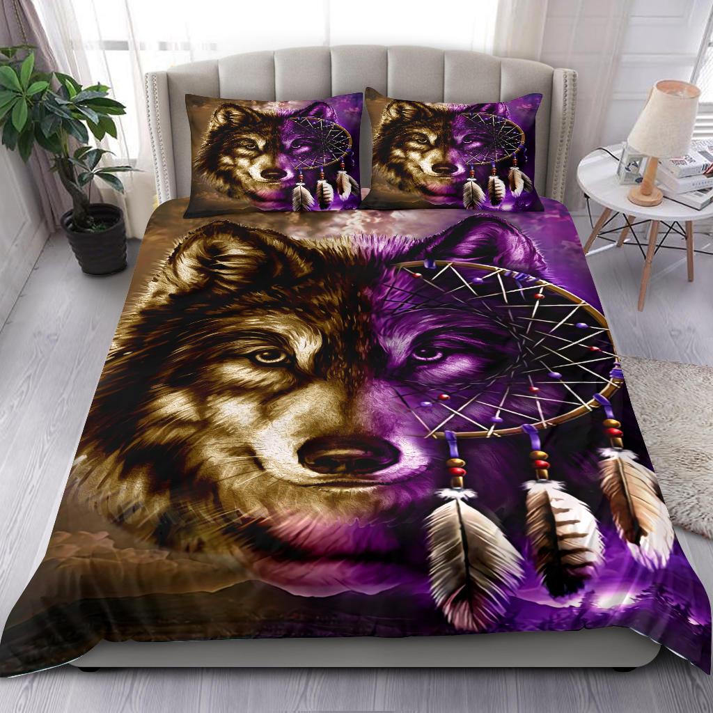 Purple Wolf Dreamcatcher Native American Bedding Set LT10