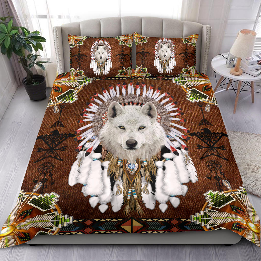Native American White Wolf With Headress Feathers Bedding Set LT10