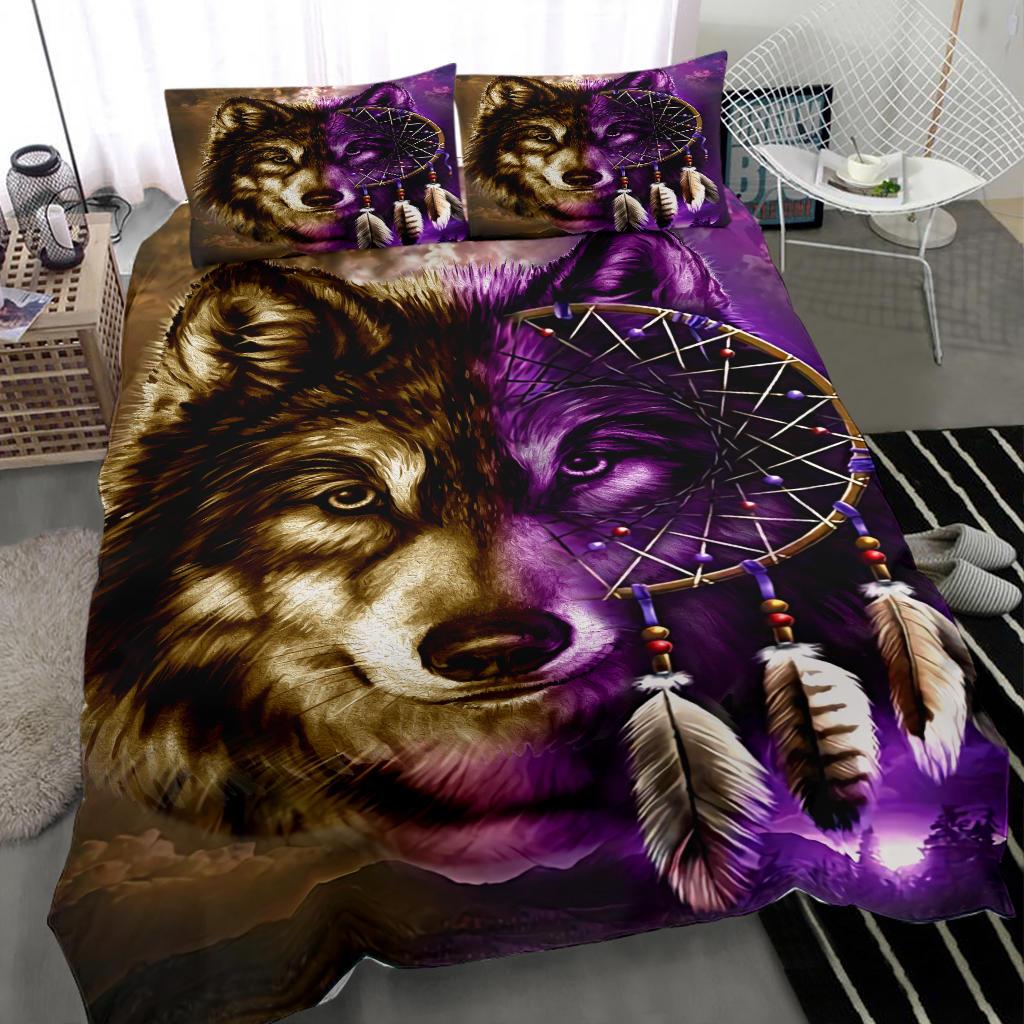 Purple Wolf Dreamcatcher Native American Bedding Set LT10