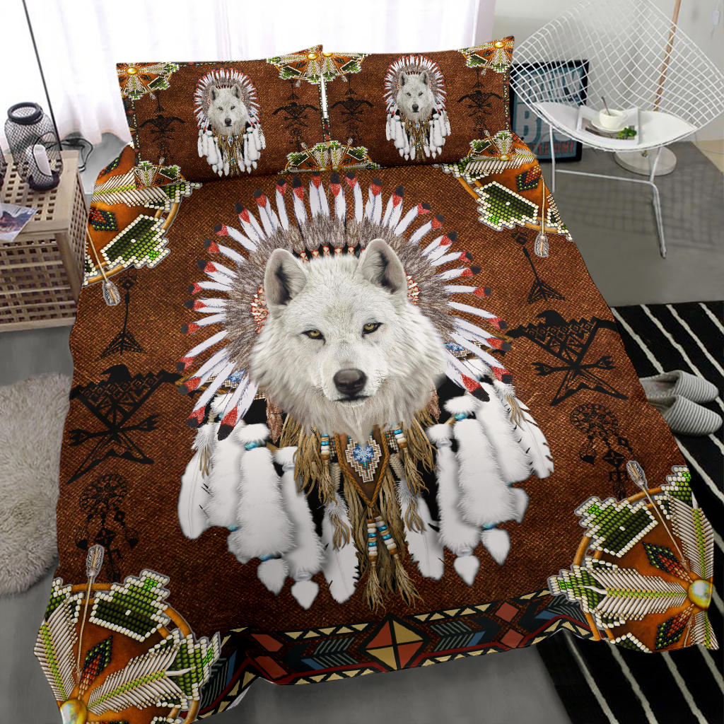 Native American White Wolf With Headress Feathers Bedding Set LT10
