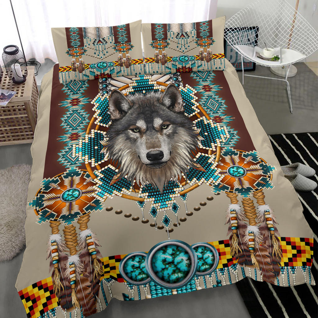 Native American Blue Mandala Wolf Bedding Set LT10