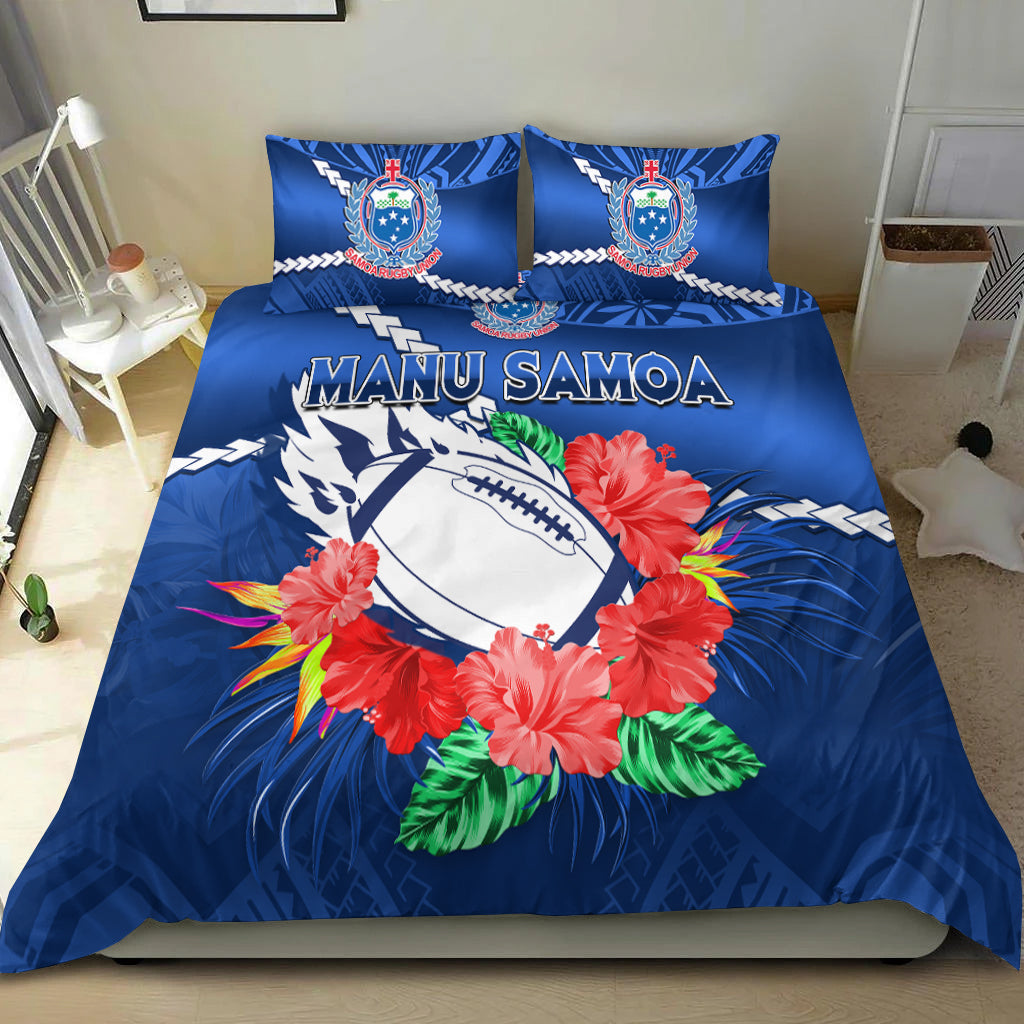 Samoa Rugby Bedding Set Manu Samoa Polynesian Hibiscus Blue Style LT14
