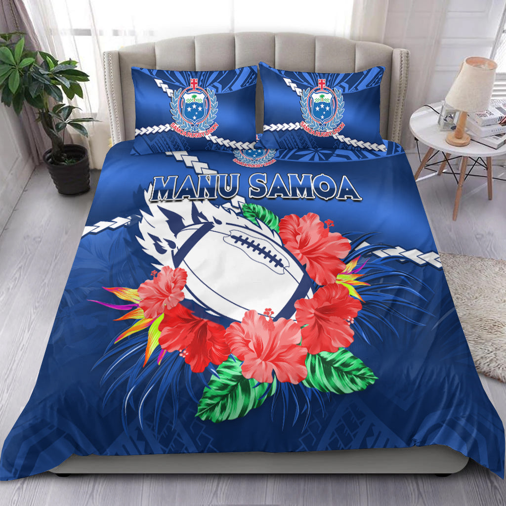 Samoa Rugby Bedding Set Manu Samoa Polynesian Hibiscus Blue Style LT14
