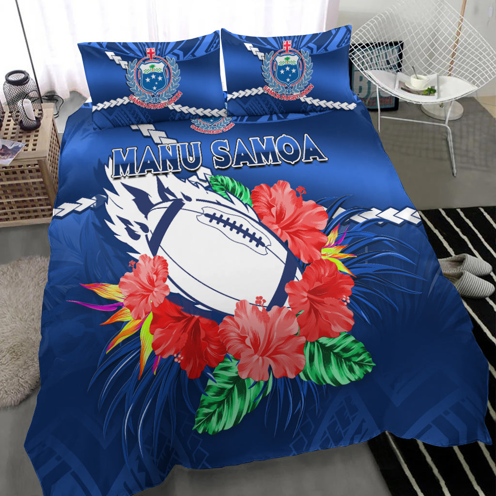 Samoa Rugby Bedding Set Manu Samoa Polynesian Hibiscus Blue Style LT14
