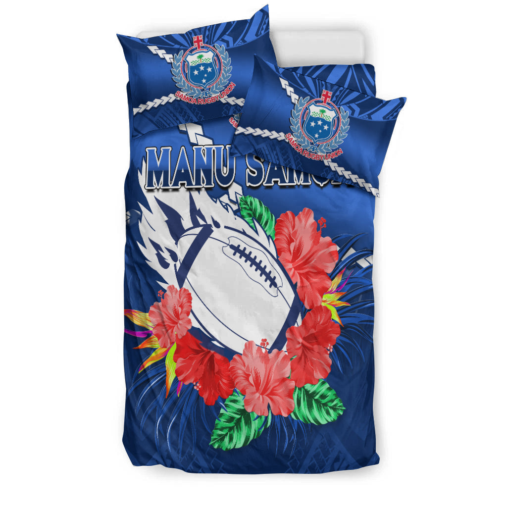 Samoa Rugby Bedding Set Manu Samoa Polynesian Hibiscus Blue Style LT14