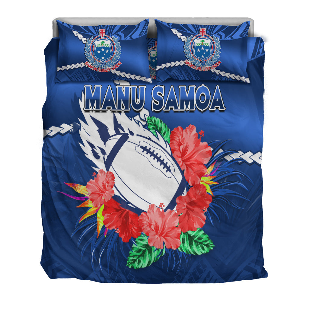 Samoa Rugby Bedding Set Manu Samoa Polynesian Hibiscus Blue Style LT14