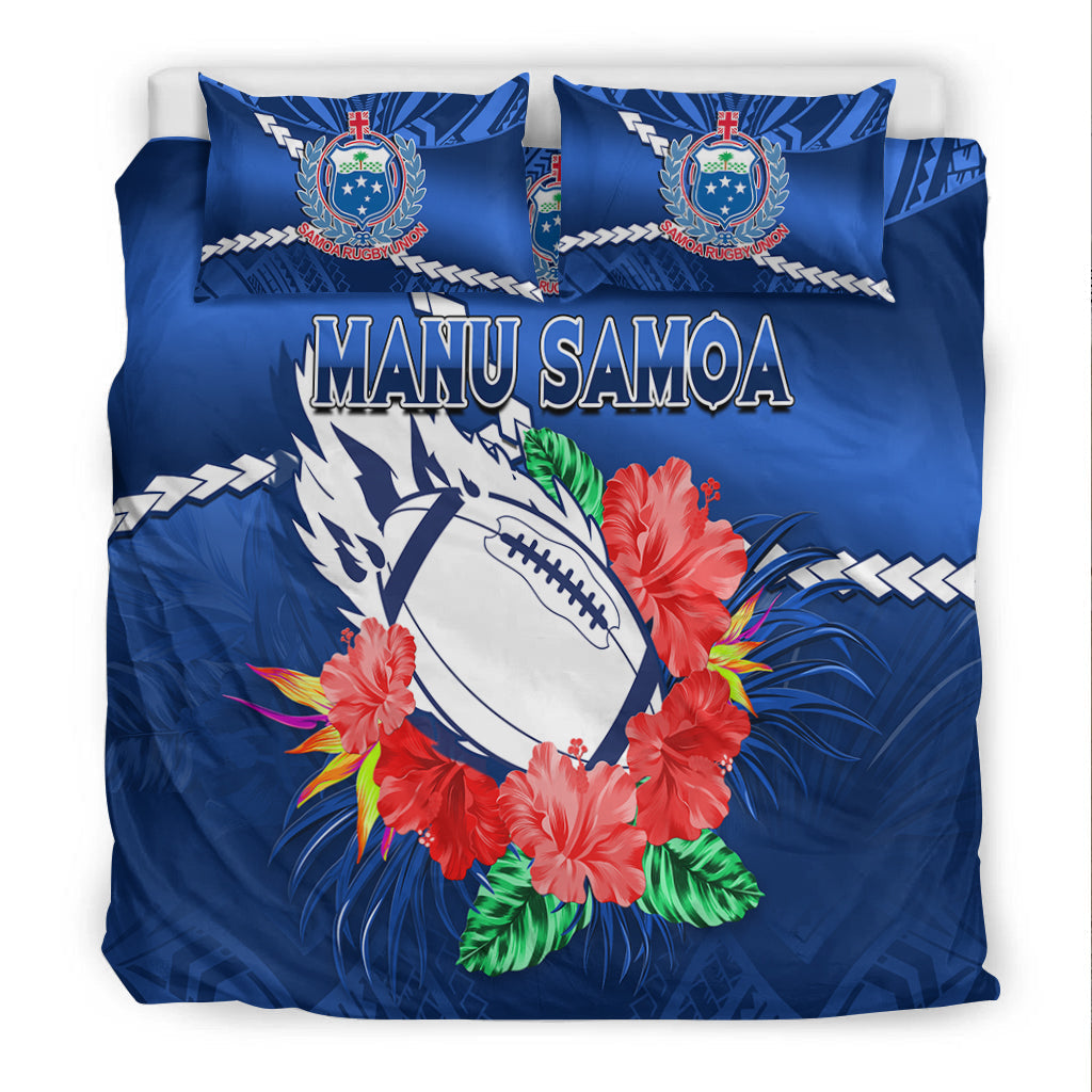 Samoa Rugby Bedding Set Manu Samoa Polynesian Hibiscus Blue Style LT14