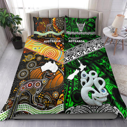 New Zealand Maori Aotearoa and Australia Aboriginal Bedding Set Together Green LT8