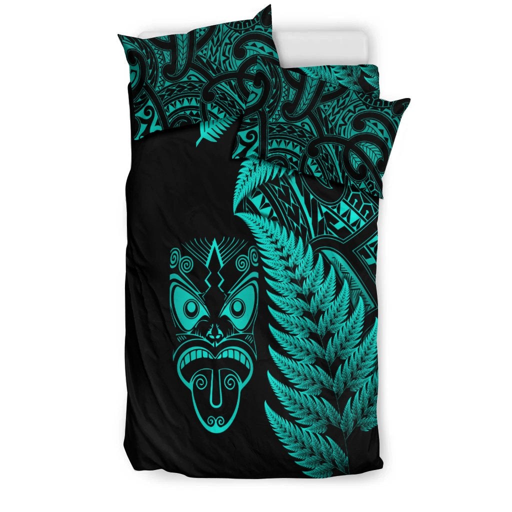 New Zealand Haka Rugby Maori Bedding Set Silver Fern Vibes Turquoise LT8