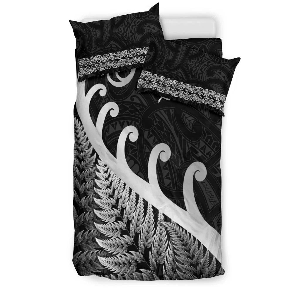 New Zealand Rugby Maori Bedding Set Silver Fern Koru Vibes Black LT8