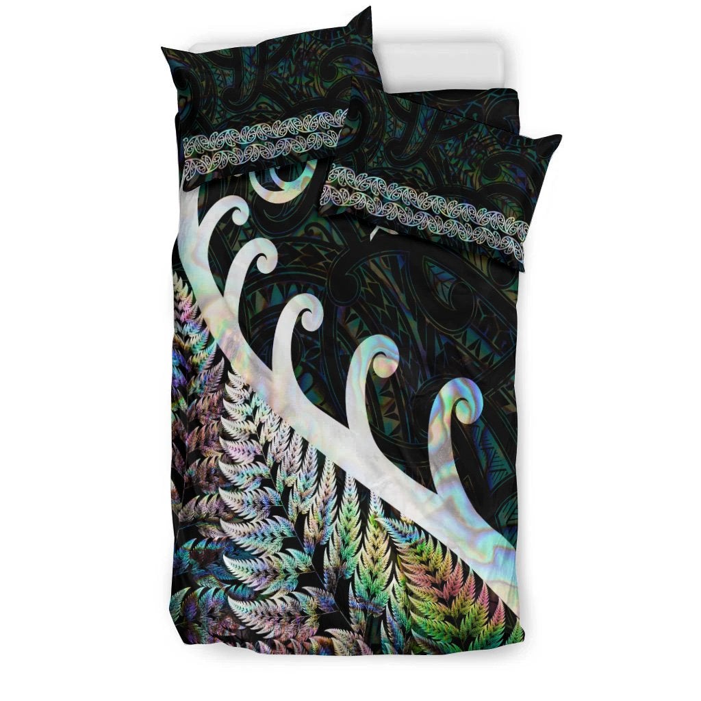 New Zealand Rugby Maori Bedding Set Silver Fern Koru Vibes Paua Shell LT8