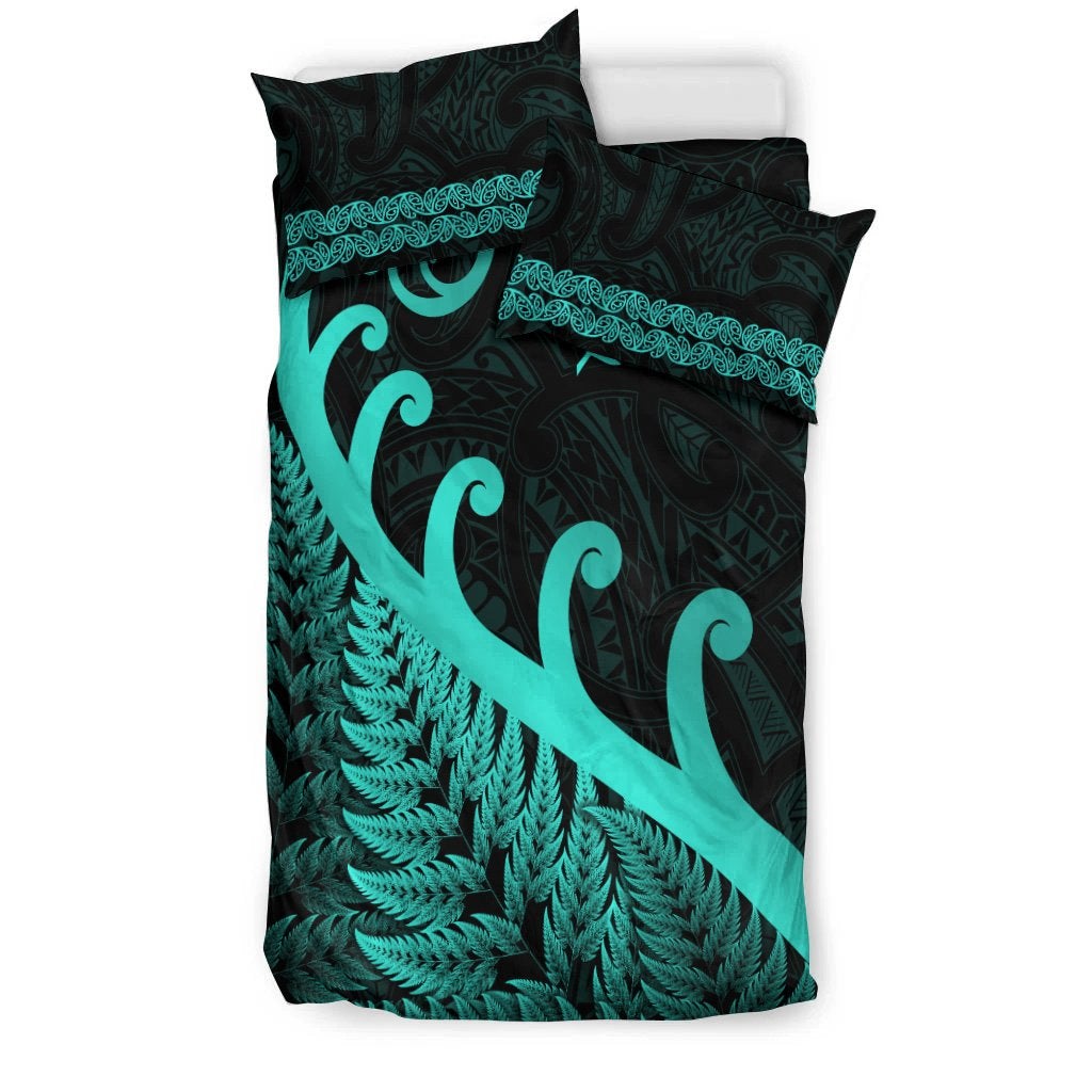 New Zealand Rugby Maori Bedding Set Silver Fern Koru Vibes Turquoise LT8