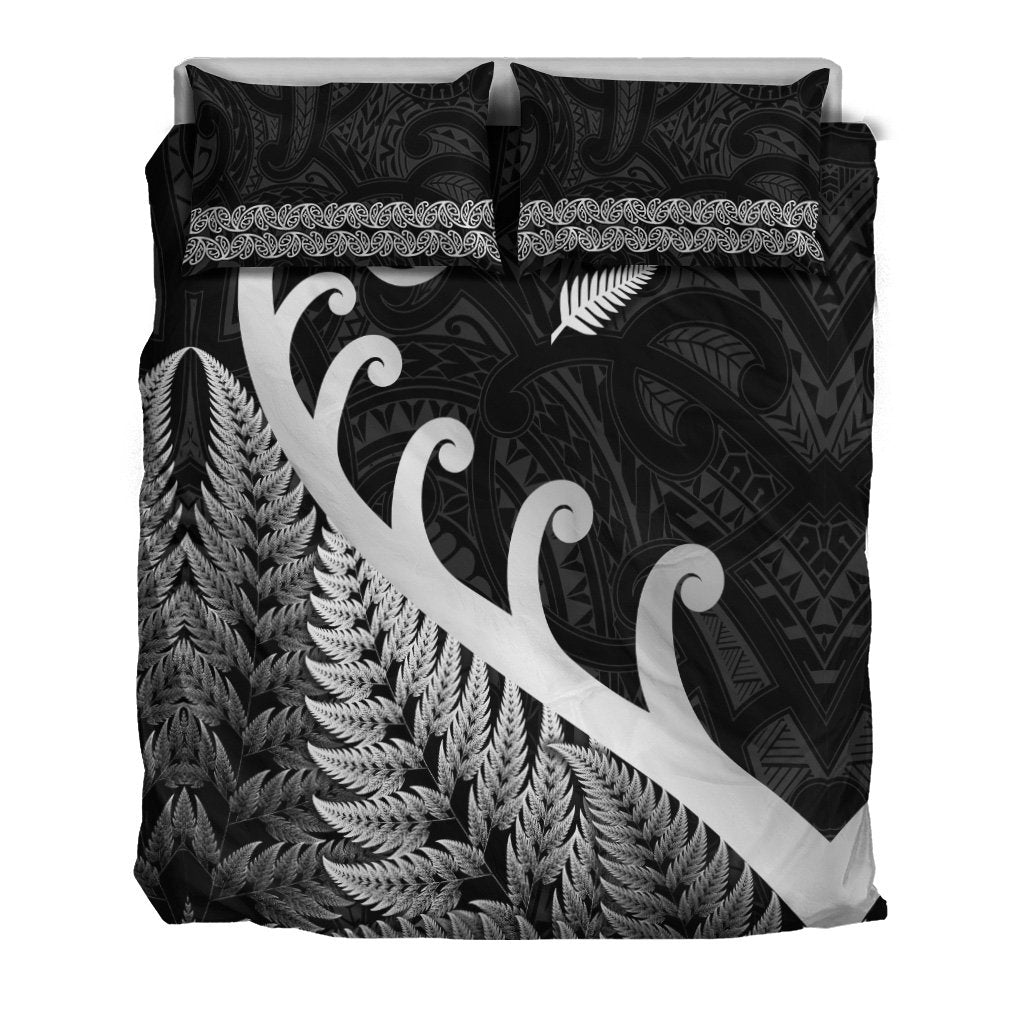 New Zealand Rugby Maori Bedding Set Silver Fern Koru Vibes Black LT8